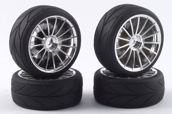 1:10 TOURING WHEEL/ TREADED TYRES 15-SPOKE CHROME